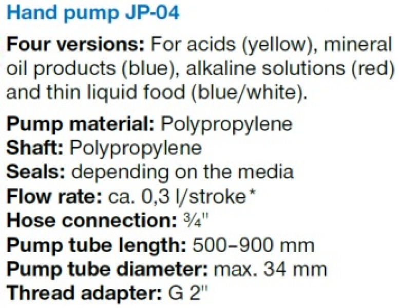 Rankinė pompa koncentruotai chemijai, JP-04, raudona, PP/EPDM, 480-950mm