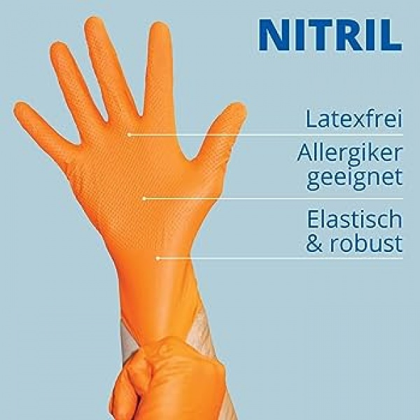 Vienkartinės itin tvirtos nitrilo pirštinės be pudros SolidSafety High Grip, oranžinės, S dydis, 50vnt.