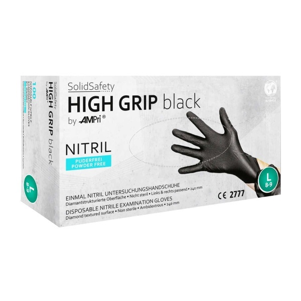 Vienkartinės itin tvirtos nitrilo pirštinės be pudros SolidSafety High Grip, juodos, S dydis, 100vnt.