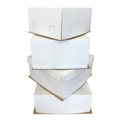 Vienkartinės dėžutės tortams, kartoninės, baltos, 23x23x11cm, 150vnt